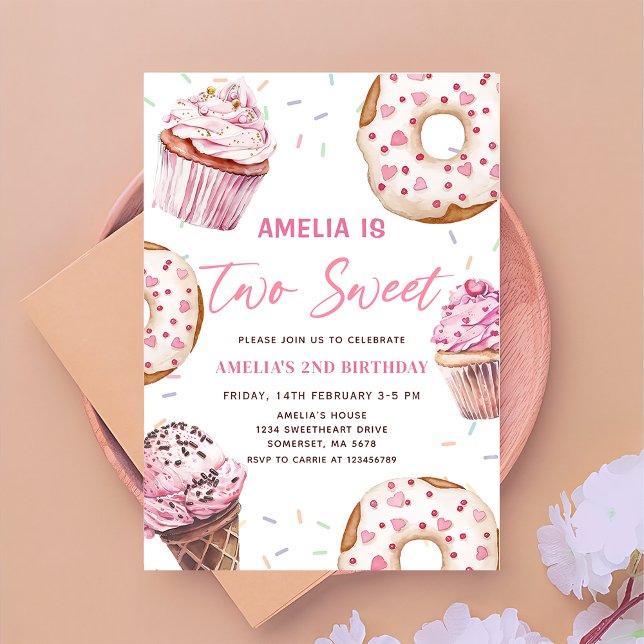 Two Sweet Cupcake & Doughnuts 2nd Birthday Invitat Invitation (Creator Uploaded)