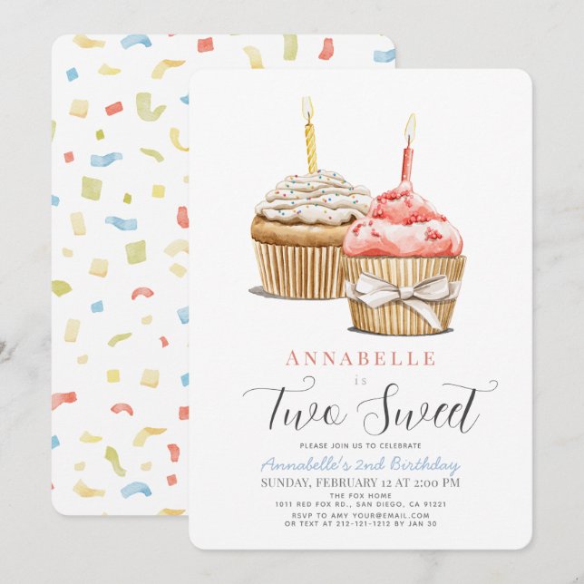 Two Sweet Cupcake Girl 2nd Birthday Invitation (Front/Back)