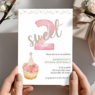 Two Sweet Cute Cupcake 2nd Birthday  Invitation