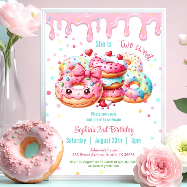 Two Sweet Cute Doughnut Pink Girl 2nd Birthday Invitation (Two Sweet Cute Donut Pink Girl 2nd Birthday Invitation)