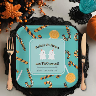 Two Sweet Cute Ghost Twin Halloween Happy Birthday Paper Plate
