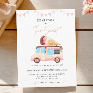 Two Sweet Cute Ice Cream Truck 2nd Birthday Invite Postcard