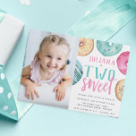 Two Sweet | Doughnut 2nd Birthday Party Photo Invitation<br><div class="desc">Cute second birthday party invitations feature "[name] is two sweet" with your party details beneath,  surrounded by watercolor doughnut illustrations in neutrals,  pink,  and purple. Add a photo of the birthday girl to complete this sweet and whimsical design.</div>