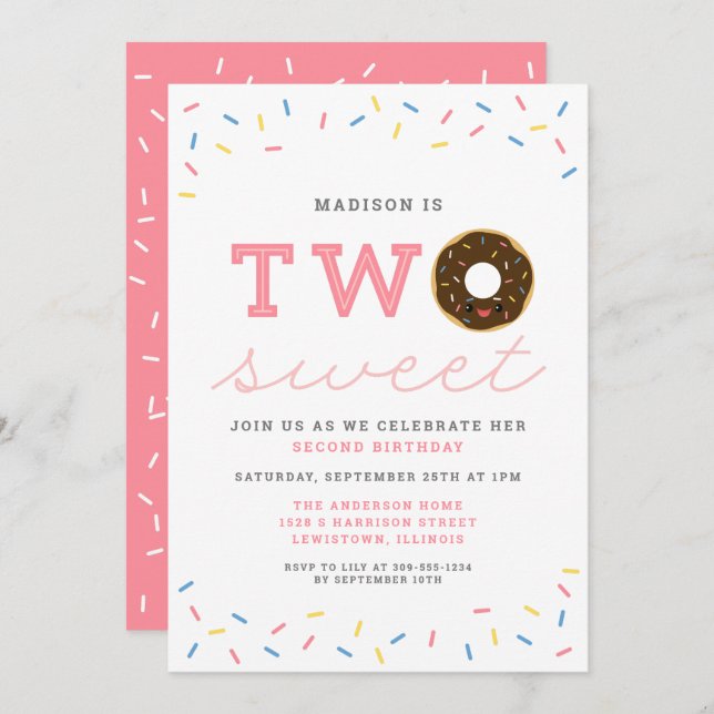 Two Sweet Doughnut and Sprinkles 2nd Birthday Invitation (Front/Back)