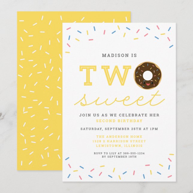 Two Sweet Doughnut and Sprinkles Yellow 2nd Birthd Invitation (Front/Back)
