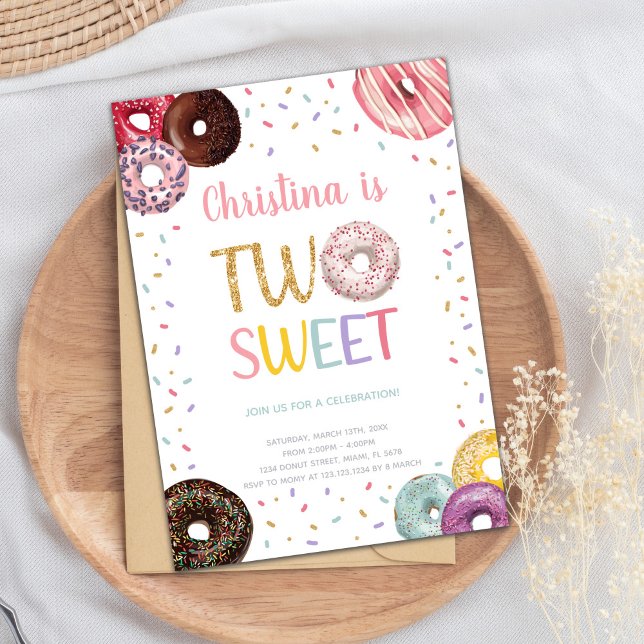 Two Sweet Doughnut Birthday Invitation (Two Sweet Colors Donut Birthday Invitations)