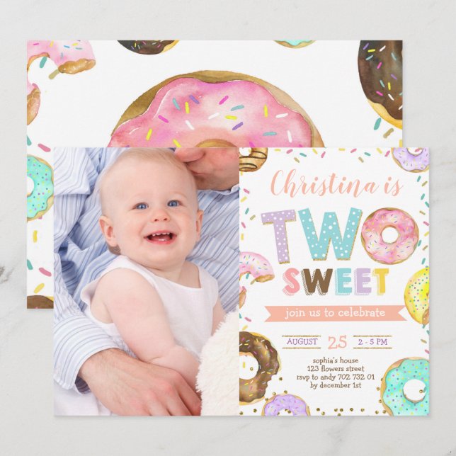 Two Sweet Doughnut Girl 2nd Birthday Custom photo Invitation (Front/Back)