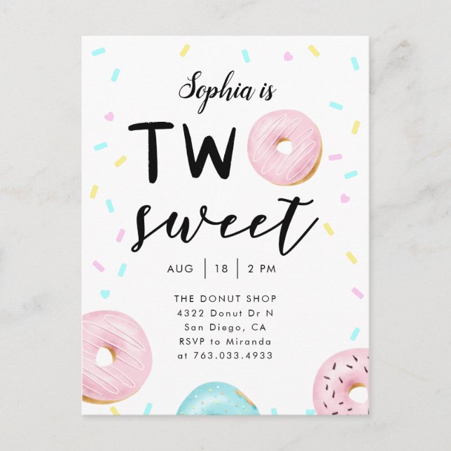 Two Sweet Doughnut Sprinkles 2nd Birthday Party Invitation Postcard (Front)