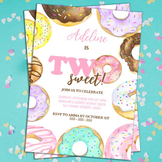 Two Sweet Doughnuts 2nd birthday Girl Watercolor Invitation (2nd Birthday Invitation Donuts Two Sweet)