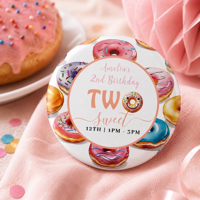Two Sweet Doughnuts 2nd Birthday party 1 Inch Round Button (Two Sweet Donuts 2nd Birthday party Button)
