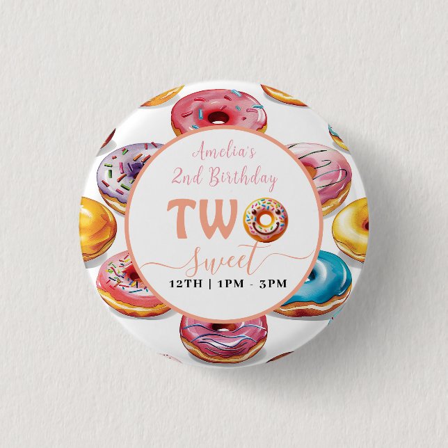 Two Sweet Doughnuts 2nd Birthday party 1 Inch Round Button (Front)