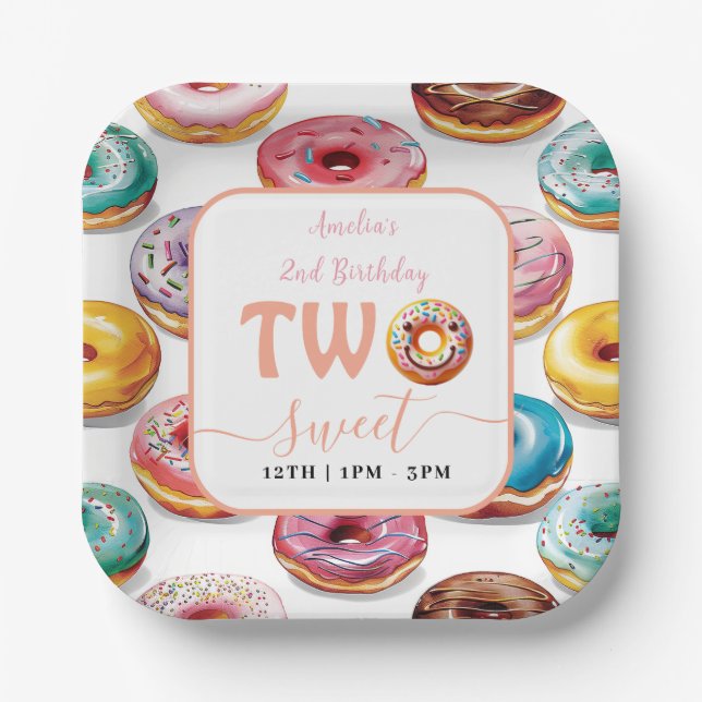 Two Sweet Doughnuts 2nd Birthday party Paper Plate (Front)