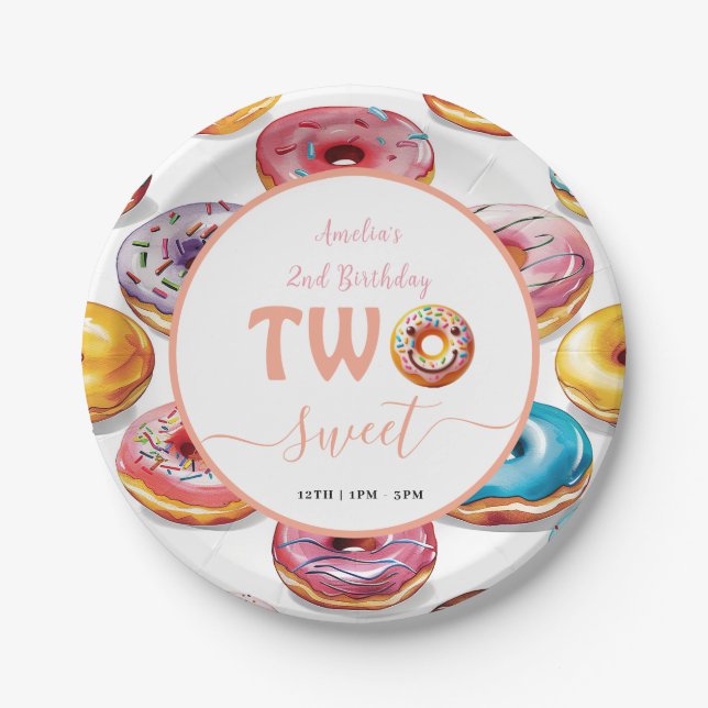 Two Sweet Doughnuts 2nd Birthday party Paper Plate (Front)