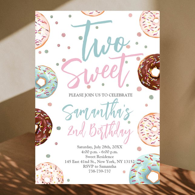 Two Sweet Doughnuts Watercolor Girl Second Birthda Invitation (Creator Uploaded)