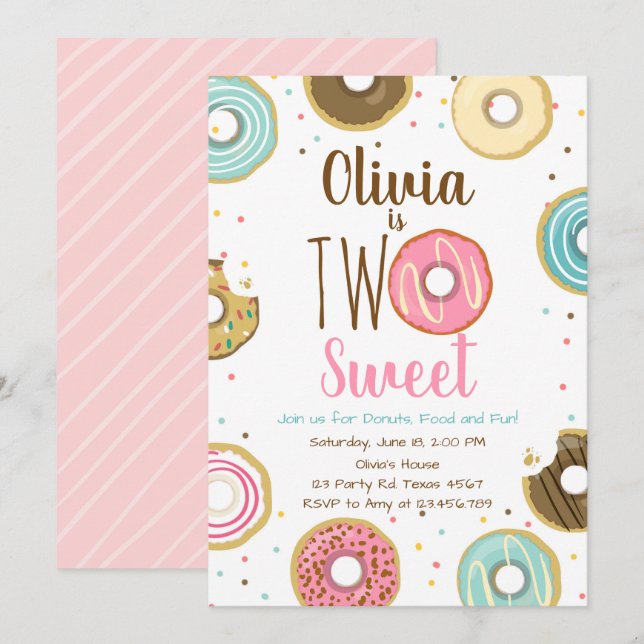 Two Sweet Girl Pink Doughnut 2nd Birthday Invitation (Front/Back)