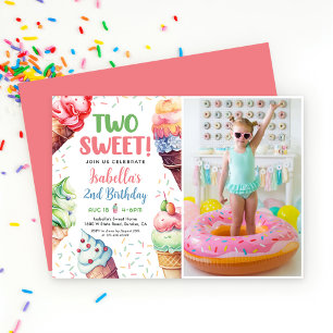 Two Sweet Girls Ice Cream 2nd Birthday  Invitation