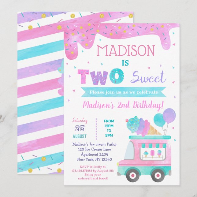 Two Sweet Ice Cream 2nd Birthday Invitations (Front/Back)