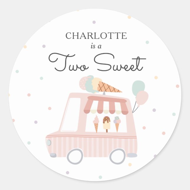 Two Sweet Ice Cream 2nd Birthday Party Favours Classic Round Sticker (Front)