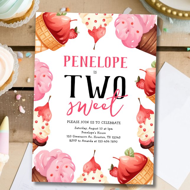 Two Sweet Ice Cream 2nd Birthday Party Invitation (Creator Uploaded)