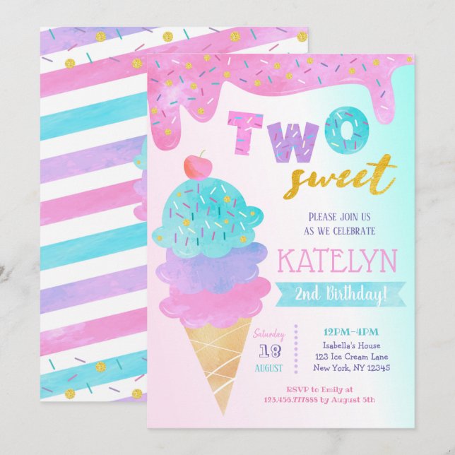 Two Sweet Ice Cream Birthday Party Invitation (Front/Back)