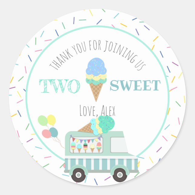 Two Sweet Ice Cream Second Birthday Favour Classic Round Sticker (Front)