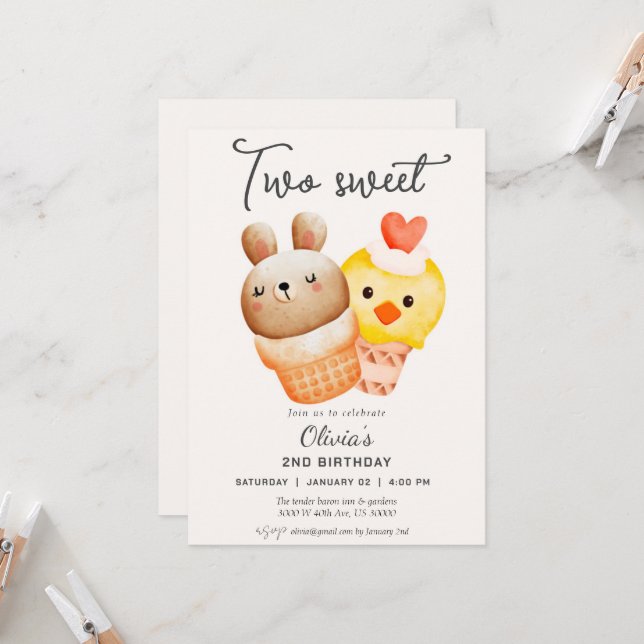 Two sweet ice cream second birthday  invitation (Front/Back In Situ)