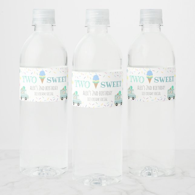Two Sweet ice cream second birthday party Water Bottle Label (Bottles)