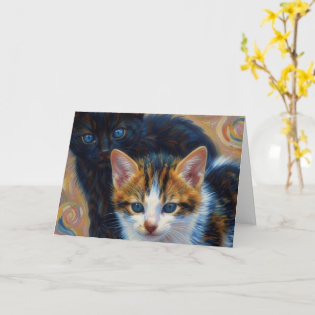 Two Sweet Kittens Impressionist Art Card (Yellow Flower)