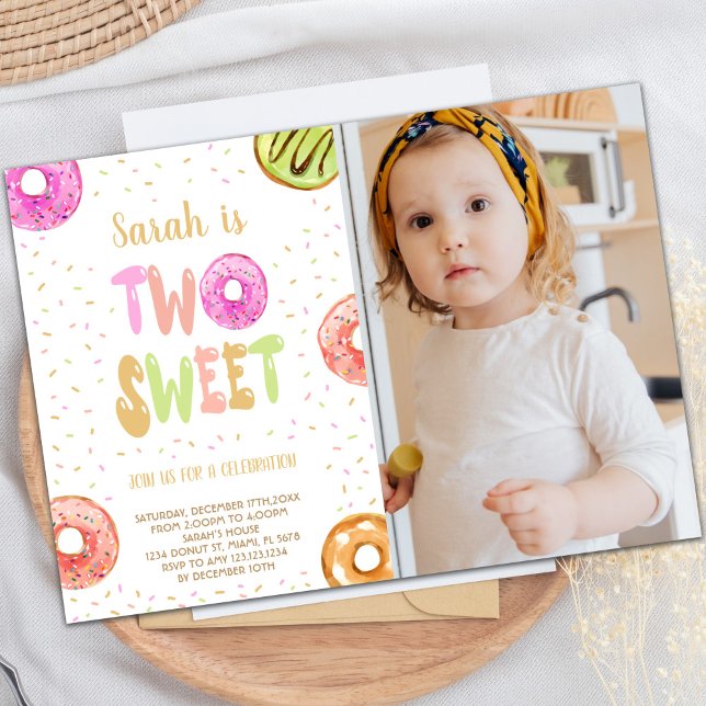 Two Sweet Light Photo Doughnut Birthday Invitation (Two Sweet Light Photo Donut Birthday Invitations)