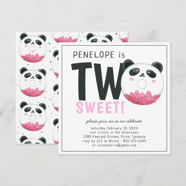 Two Sweet | Panda Doughnut 2nd Birthday Invitation (Front/Back)