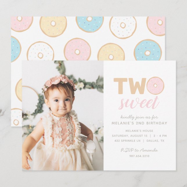 Two Sweet Pastel Doughnut Birthday Party Photo Invitation (Front/Back)