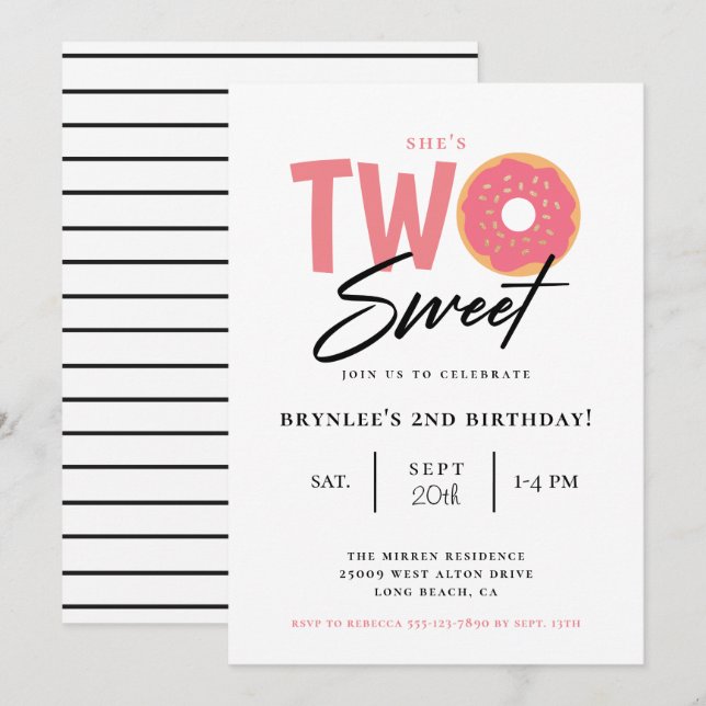 Two Sweet Pink Doughnut 2nd Birthday Party Invitation (Front/Back)