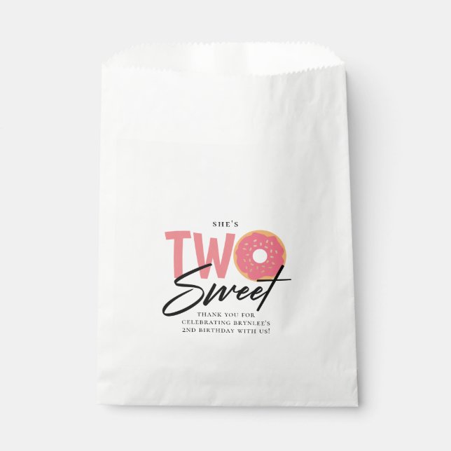 TWO Sweet Pink Doughnut Theme 2nd Birthday Party Favour Bag (Front)