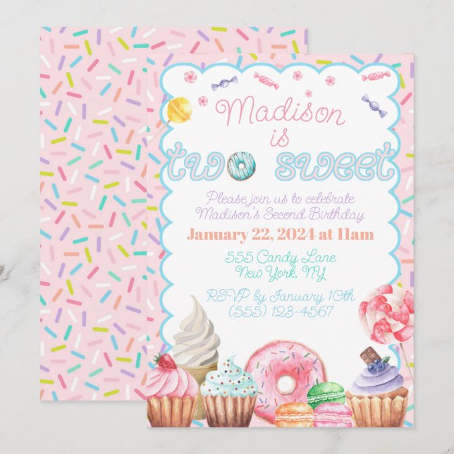 Two Sweet Second Birthday Invitation (Front/Back)