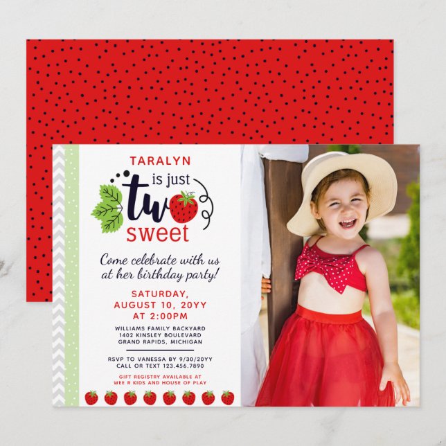 TWO Sweet Strawberry 2nd Second Birthday Party Invitation (Front/Back)