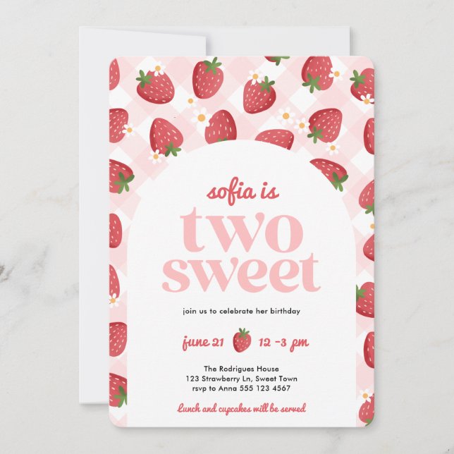 Two Sweet Strawberry Girl 2nd Birthday Invitation (Front)