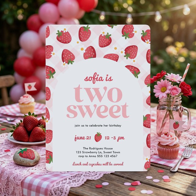 Two Sweet Strawberry Girl 2nd Birthday Invitation (The front of the invite shown in a 5x7-inch with round corners. Choose size, paper, + corner style.)