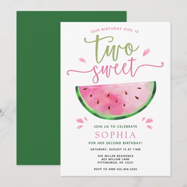Two Sweet Watermelon Birthday Invitation (Front/Back)