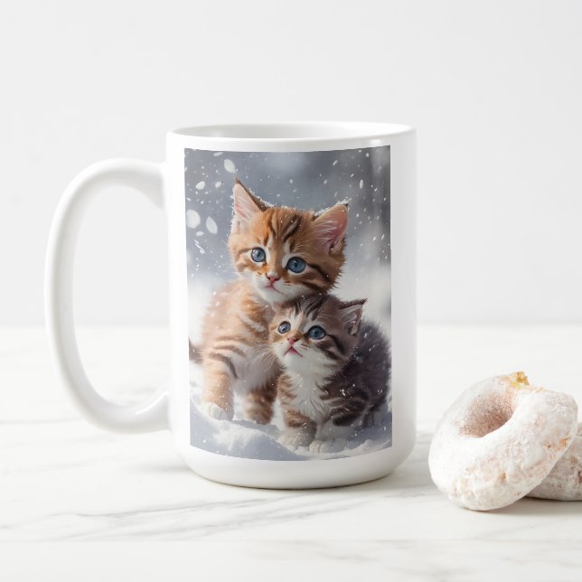 Two Tabby Kittens Playing in Snow Blank Greeting  Coffee Mug (With Donut)