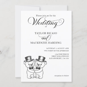 Two Teddy Bear Grooms in Top Hats Wedding Invitation