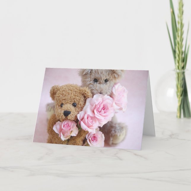two teddy bears holding roses greeting card (Front)