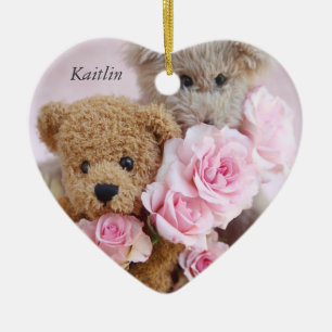 two teddy bears holding roses heart ornament