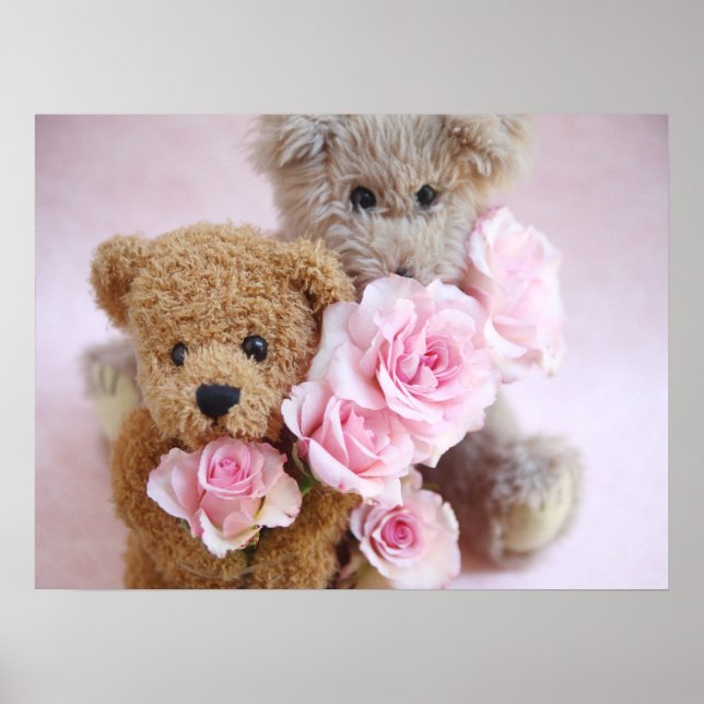 two teddy bears holding roses poster (Front)