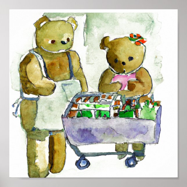 Two Teddy Bears Shopping Art "Digital Download" Poster (Front)