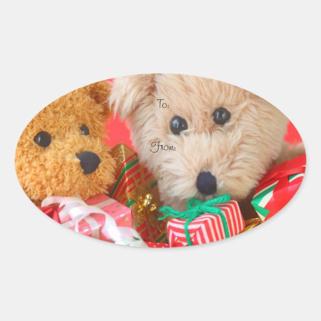 Two teddy bears with Christmas present Oval Sticker (Front)