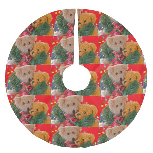 Two teddy bears with greenery and bow brushed polyester tree skirt (Front)