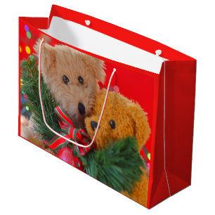 Two teddy bears with greenery and bow large gift bag