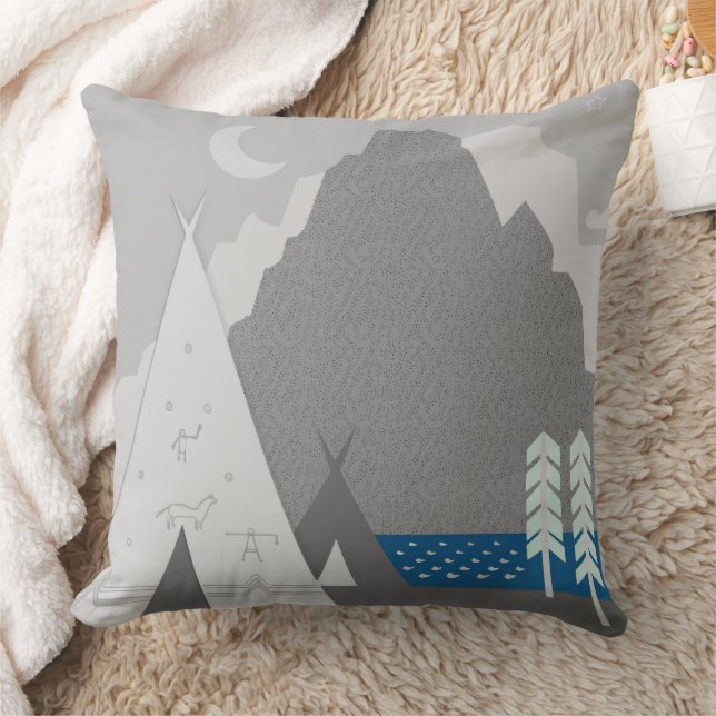 Two Teepees Three Pine Trees Mountain Moon Throw Pillow (Blanket)