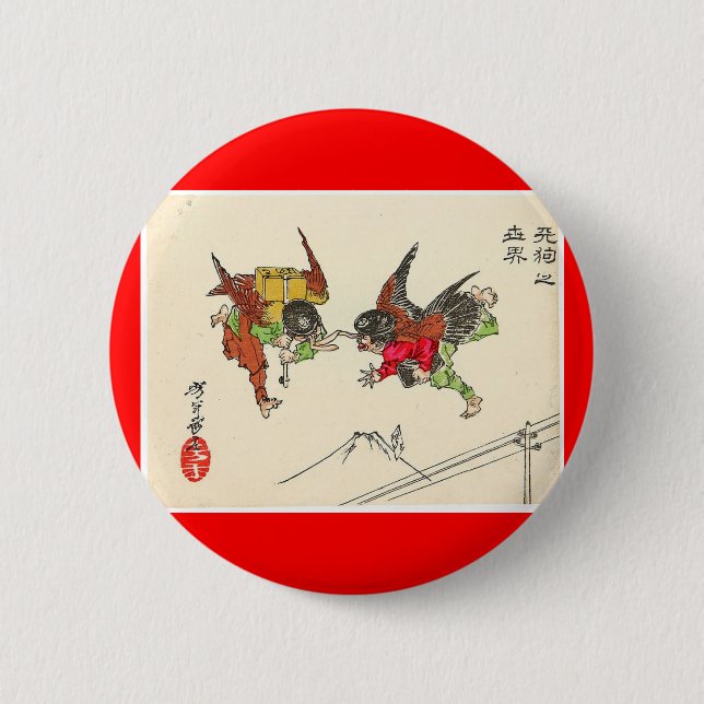 Two Tengu colliding. Mt. Fuji background, c. 1882 2 Inch Round Button (Front)