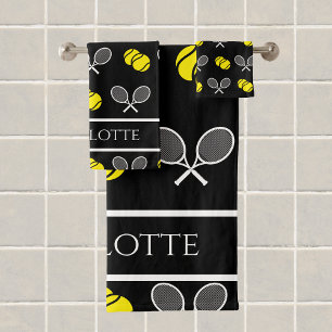 Two Tennis Balls and White Rackets Pattern Black H Bath Towel Set